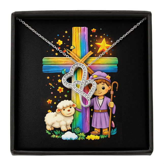 Rainbow Cross Little Shepherd | Christian Heart-to-Heart Pendant Necklace | Gift for Kids