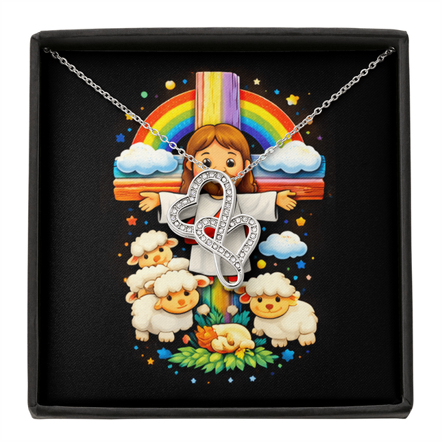 Jesus And Little Lambs | Christian Heart-to-Heart Pendant Necklace | Gift for Kids