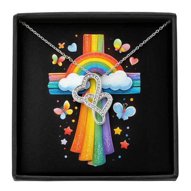 Rainbow Cross Butterfly | Christian Heart-to-Heart Pendant Necklace | Gift for Kids