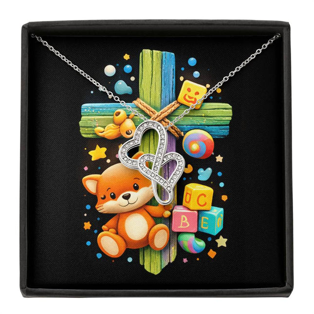 Rainbow Cross Little Fox | Christian Heart-to-Heart Pendant Necklace | Gift for Kids