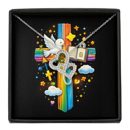 Rainbow Cross Open Bible | Christian Heart-to-Heart Pendant Necklace | Gift for Kids