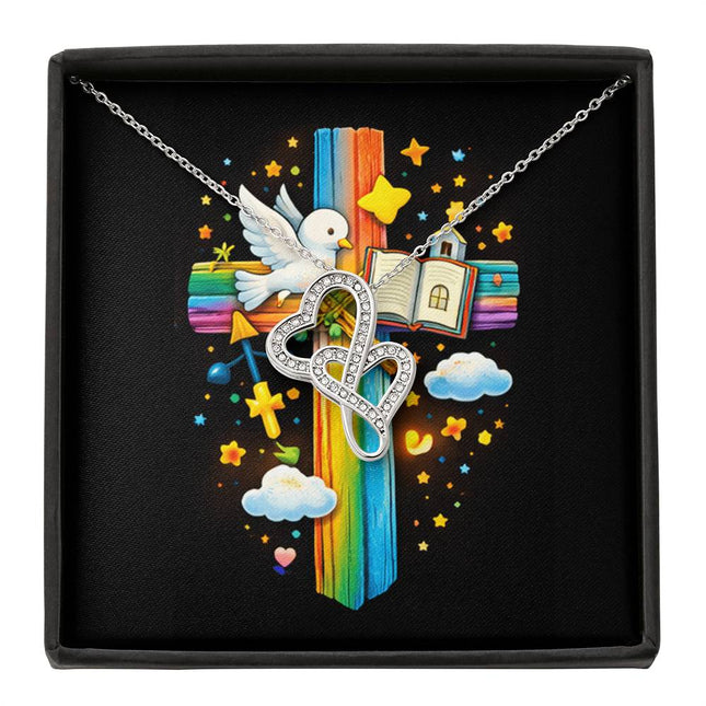 Rainbow Cross Open Bible | Christian Heart-to-Heart Pendant Necklace | Gift for Kids