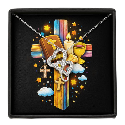 Rainbow Cross Bible And Cross | Christian Heart-to-Heart Pendant Necklace | Gift for Kids