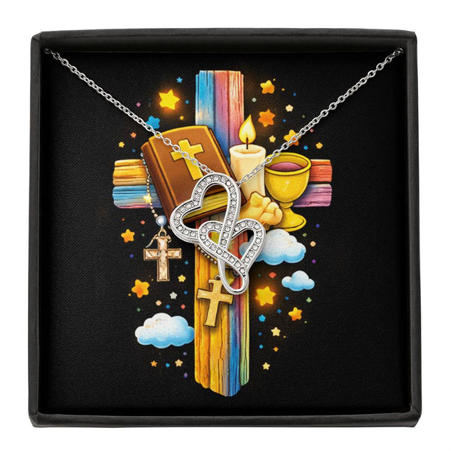 Rainbow Cross Bible And Cross | Christian Heart-to-Heart Pendant Necklace | Gift for Kids