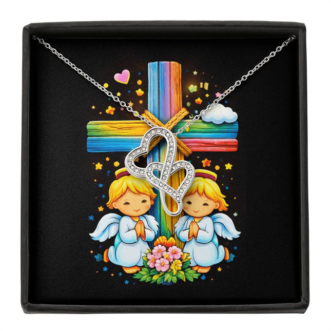 Rainbow Cross Angel Twins | Christian Heart-to-Heart Pendant Necklace | Gift for Kids