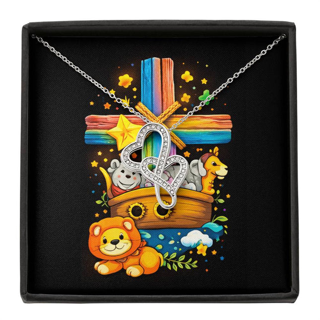 Rainbow Cross Noahs Ark | Christian Heart-to-Heart Pendant Necklace | Gift for Kids