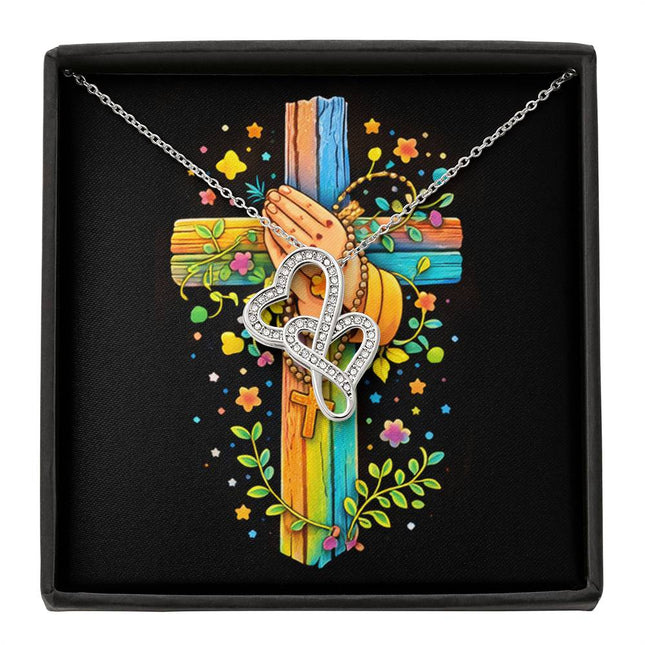 Rainbow Cross Praying Hands | Christian Heart-to-Heart Pendant Necklace | Gift for Kids