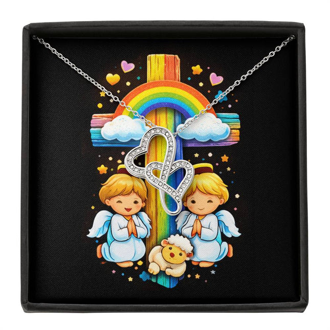 Rainbow Cross Cherub Angels | Christian Heart-to-Heart Pendant Necklace | Gift for Kids