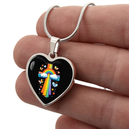 Rainbow & Butterflies Cross Heart Necklace – Christian Gift for Kids