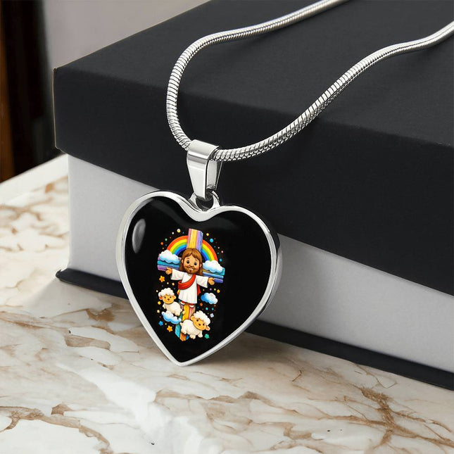 Jesus & Little Lambs Heart Necklace – Christian Gift for Kids