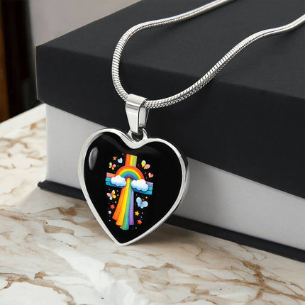 Rainbow & Butterflies Cross Heart Necklace – Christian Gift for Kids