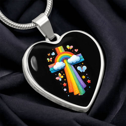 Rainbow & Butterflies Cross Heart Necklace – Christian Gift for Kids