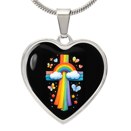 Rainbow & Butterflies Cross Heart Necklace – Christian Gift for Kids