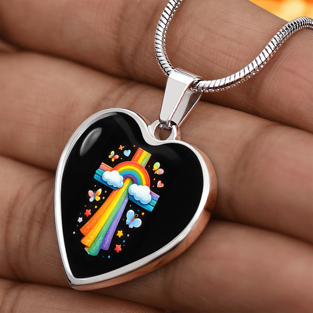 Rainbow & Butterflies Cross Heart Necklace – Christian Gift for Kids
