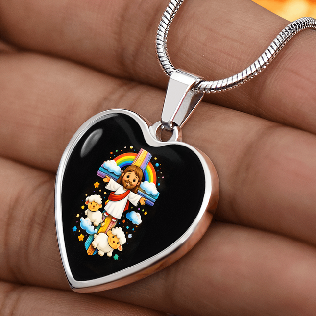 Jesus & Little Lambs Heart Necklace – Christian Gift for Kids