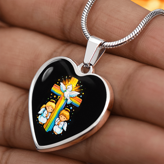Dove & Praying Angels Heart Necklace – Christian Gift for Kids