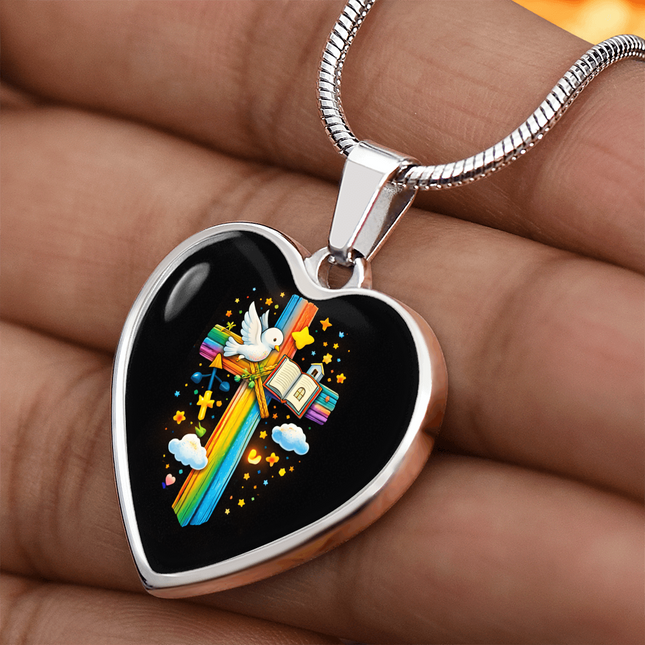 Dove & Holy Bible Heart Necklace – Christian Gift for Kids