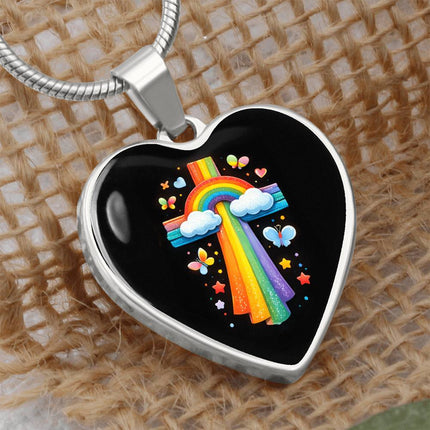 Rainbow & Butterflies Cross Heart Necklace – Christian Gift for Kids