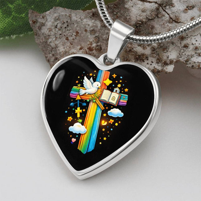 Dove & Holy Bible Heart Necklace – Christian Gift for Kids