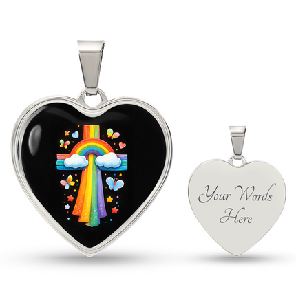 Rainbow & Butterflies Cross Heart Necklace – Christian Gift for Kids