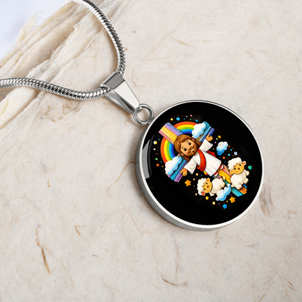 Jesus & Little Lambs Circle Necklace – Christian Gift for Kids