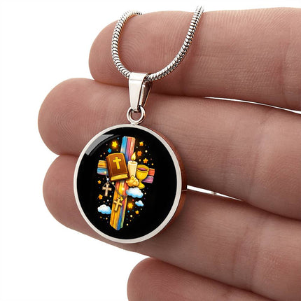 Holy Bible & Chalice Circle Necklace – Christian Gift for Kids