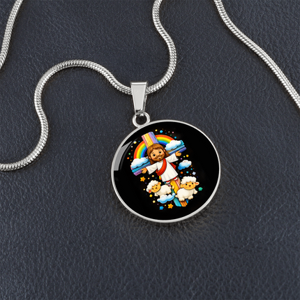 Jesus & Little Lambs Circle Necklace – Christian Gift for Kids