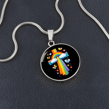 Rainbow & Butterflies Cross Circle Necklace – Christian Gift for Kids