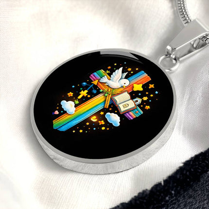 Dove & Holy Bible Circle Necklace – Christian Gift for Kids