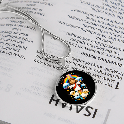 Jesus & Little Lambs Circle Necklace – Christian Gift for Kids