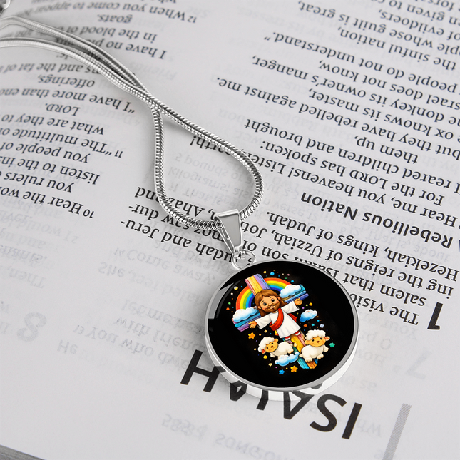 Jesus & Little Lambs Circle Necklace – Christian Gift for Kids