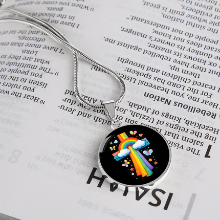 Rainbow & Butterflies Cross Circle Necklace – Christian Gift for Kids