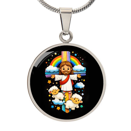 Jesus & Little Lambs Circle Necklace – Christian Gift for Kids