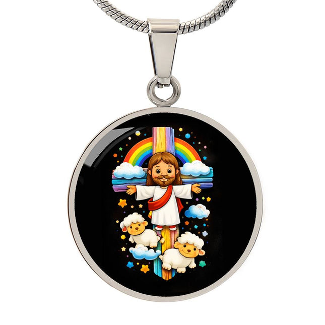 Jesus & Little Lambs Circle Necklace – Christian Gift for Kids