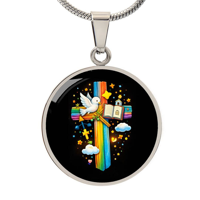 Dove & Holy Bible Circle Necklace – Christian Gift for Kids
