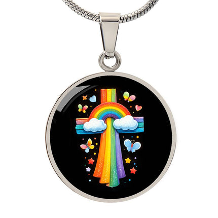 Rainbow & Butterflies Cross Circle Necklace – Christian Gift for Kids