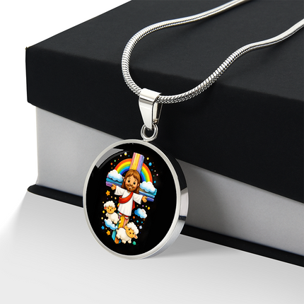 Jesus & Little Lambs Circle Necklace – Christian Gift for Kids
