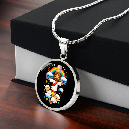 Jesus & Little Lambs Circle Necklace – Christian Gift for Kids