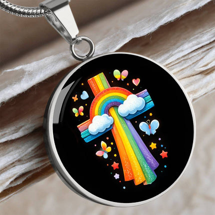 Rainbow & Butterflies Cross Circle Necklace – Christian Gift for Kids