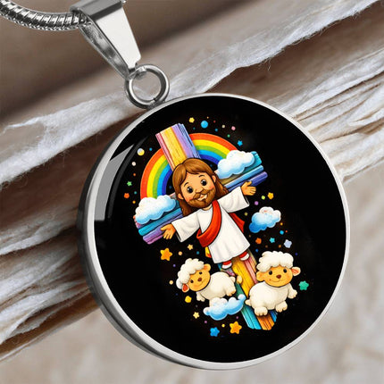 Jesus & Little Lambs Circle Necklace – Christian Gift for Kids