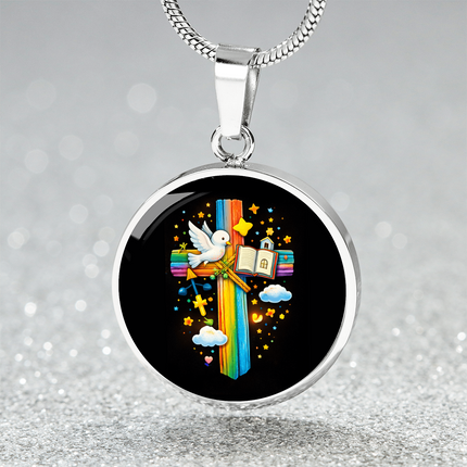 Dove & Holy Bible Circle Necklace – Christian Gift for Kids