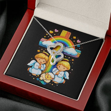 Rainbow Cross Cherub Angels | Christian Heart-to-Heart Pendant Necklace | Gift for Kids