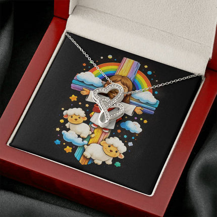 Rainbow Cross Jesus And Lamb | Christian Heart-to-Heart Pendant Necklace | Gift for Kids