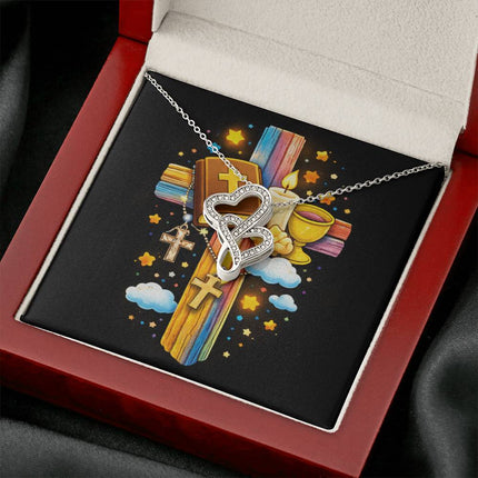 Rainbow Cross Bible And Cross | Christian Heart-to-Heart Pendant Necklace | Gift for Kids