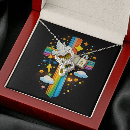 Rainbow Cross Open Bible | Christian Heart-to-Heart Pendant Necklace | Gift for Kids