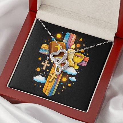 Rainbow Cross Bible And Cross | Christian Heart-to-Heart Pendant Necklace | Gift for Kids