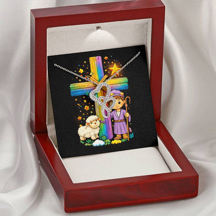 Rainbow Cross Little Shepherd | Christian Heart-to-Heart Pendant Necklace | Gift for Kids
