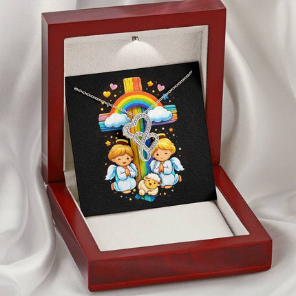 Rainbow Cross Cherub Angels | Christian Heart-to-Heart Pendant Necklace | Gift for Kids