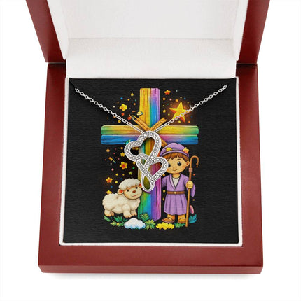 Rainbow Cross Little Shepherd | Christian Heart-to-Heart Pendant Necklace | Gift for Kids