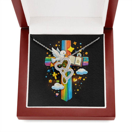 Rainbow Cross Open Bible | Christian Heart-to-Heart Pendant Necklace | Gift for Kids